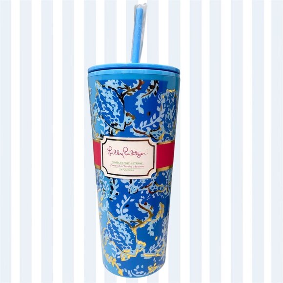 Lilly Pulitzer Travel Drink Tumbler With Straw in Turtley Awesome 24 oz Blue - Picture 1 of 9